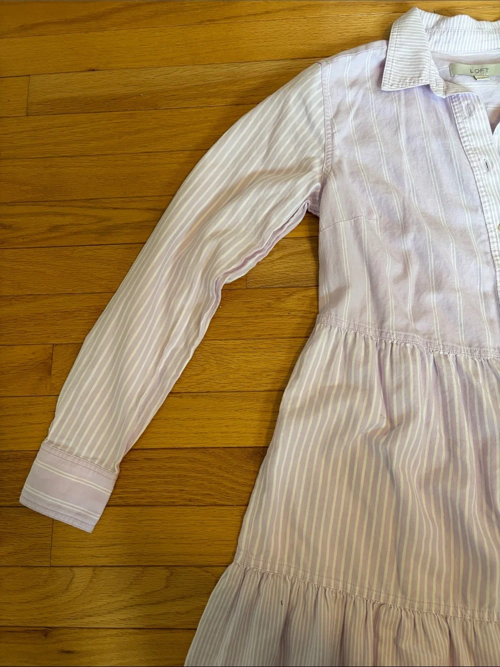 LOFT Lavender Striped Button-Front Tiered Dress - Picture 3 of 8